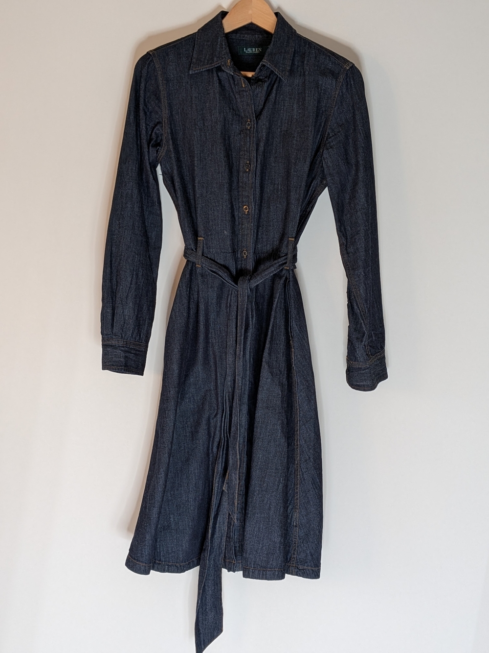 Ralph Lauren Dark Indigo Denim Long-Sleeve Shirt Dress with Tie Belt